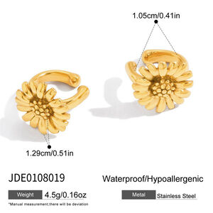 1 Pair Sophisticated Flower Stainless Steel Waterproof Gold Color Women's Ear Cuffs h5 Picture2