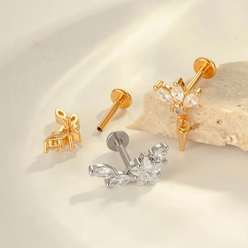 1 Piece Geometric Figure Copper Titanium Alloy Gold Color Zircon Women's Piercing Earrings Picture3