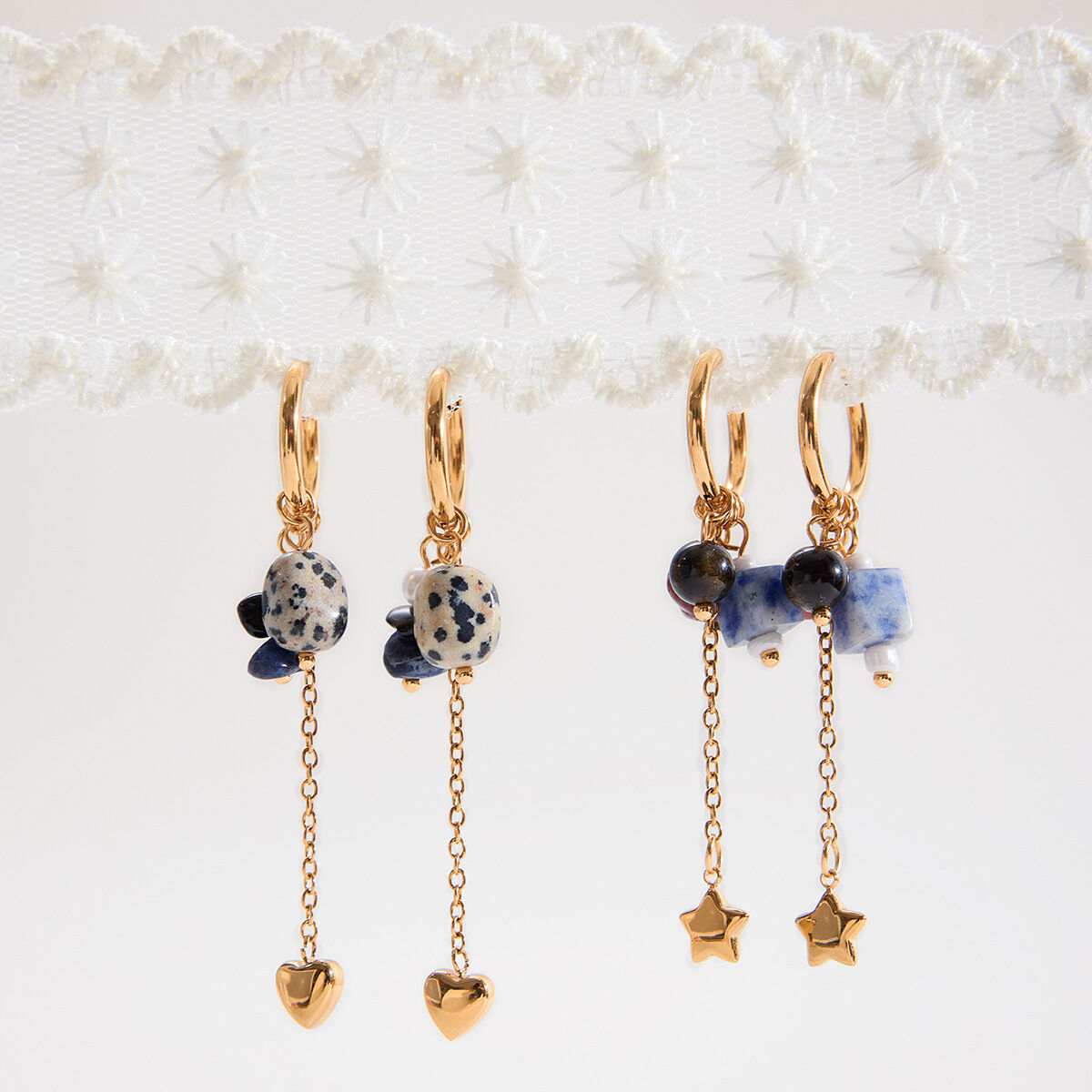 Boucles d'oreilles pendantes pour femme, en acier inoxydable, avec pierre naturelle et motif étoile (1 pièce). h5 Image6