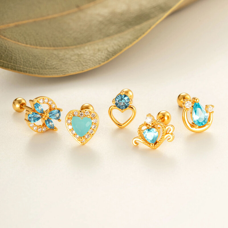 1 Parça Kalp Bakır Altın Renkli Zirkonyum Piercing Küpe