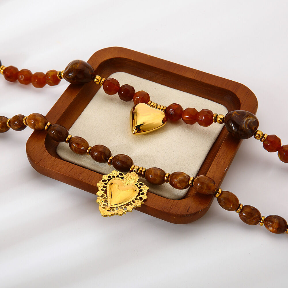 1 Piece Retro Heart Beads Acrylic  Gold Color  Women's Pendant Necklaces h5 Picture2