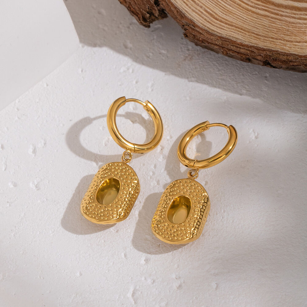 1 Pair Ethnic Hammer Pattern Stainless Steel Waterproof Gold Color Drop Earrings h5Picture2