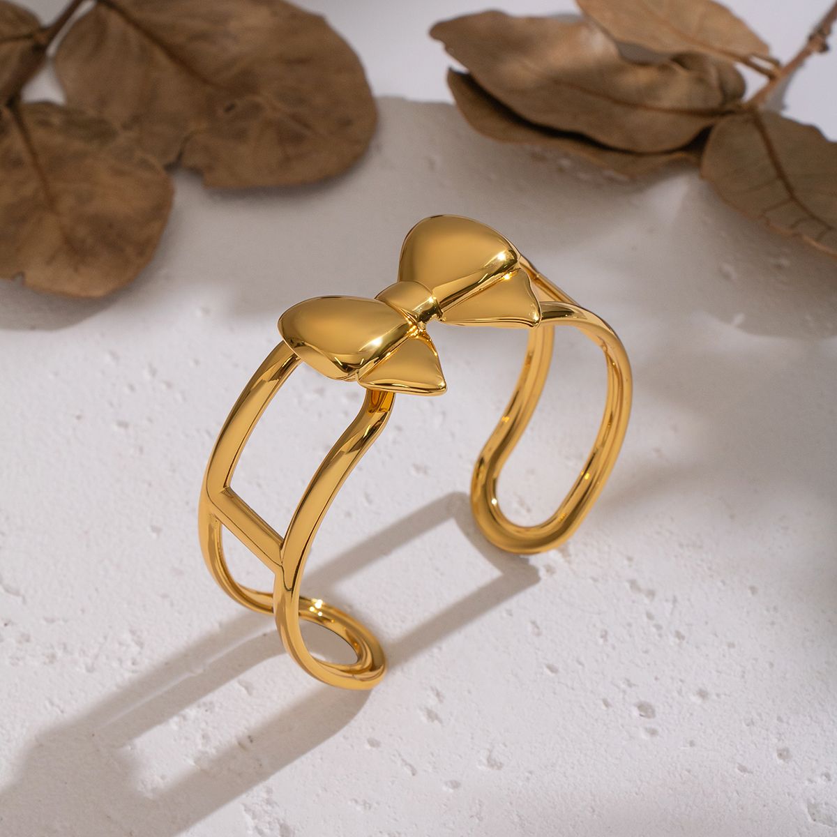 1 Piece Sweet Bow Knot Stainless Steel Waterproof  Gold Color Cuff Bracelet Picture4