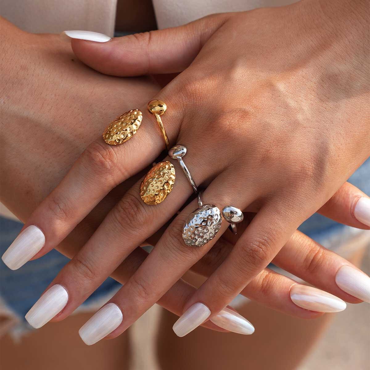 1 Piece Daily Hammer Pattern Stainless Steel Waterproof Gold Color Statement Rings 2