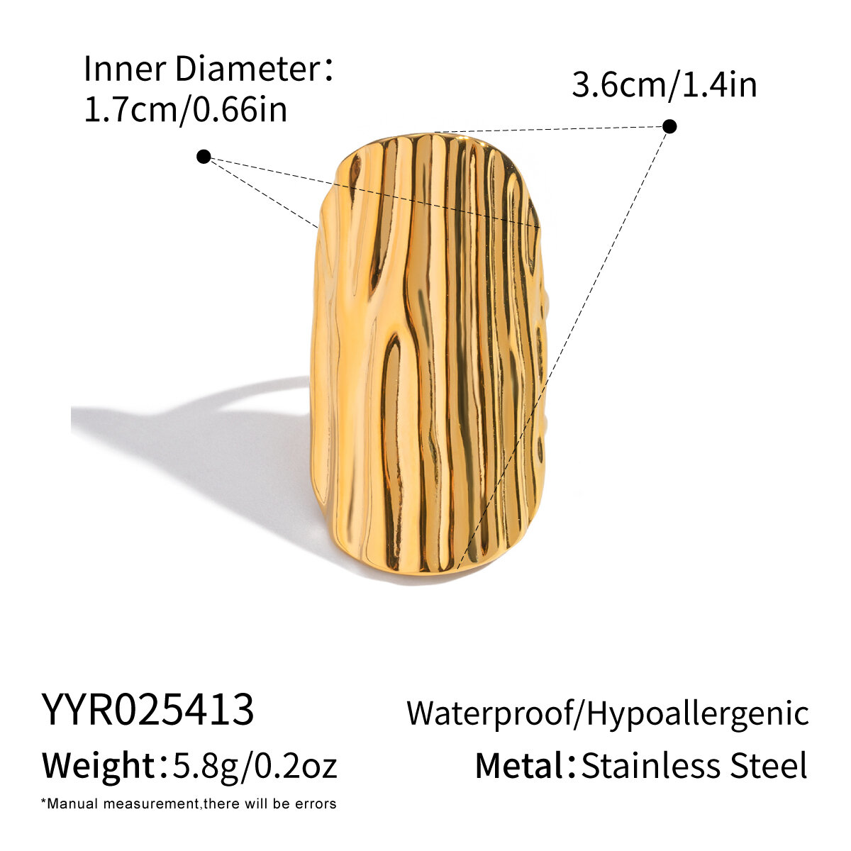 1 Piece Irregular Shape Thread Stainless Steel Waterproof Gold Color Statement Ring h5 