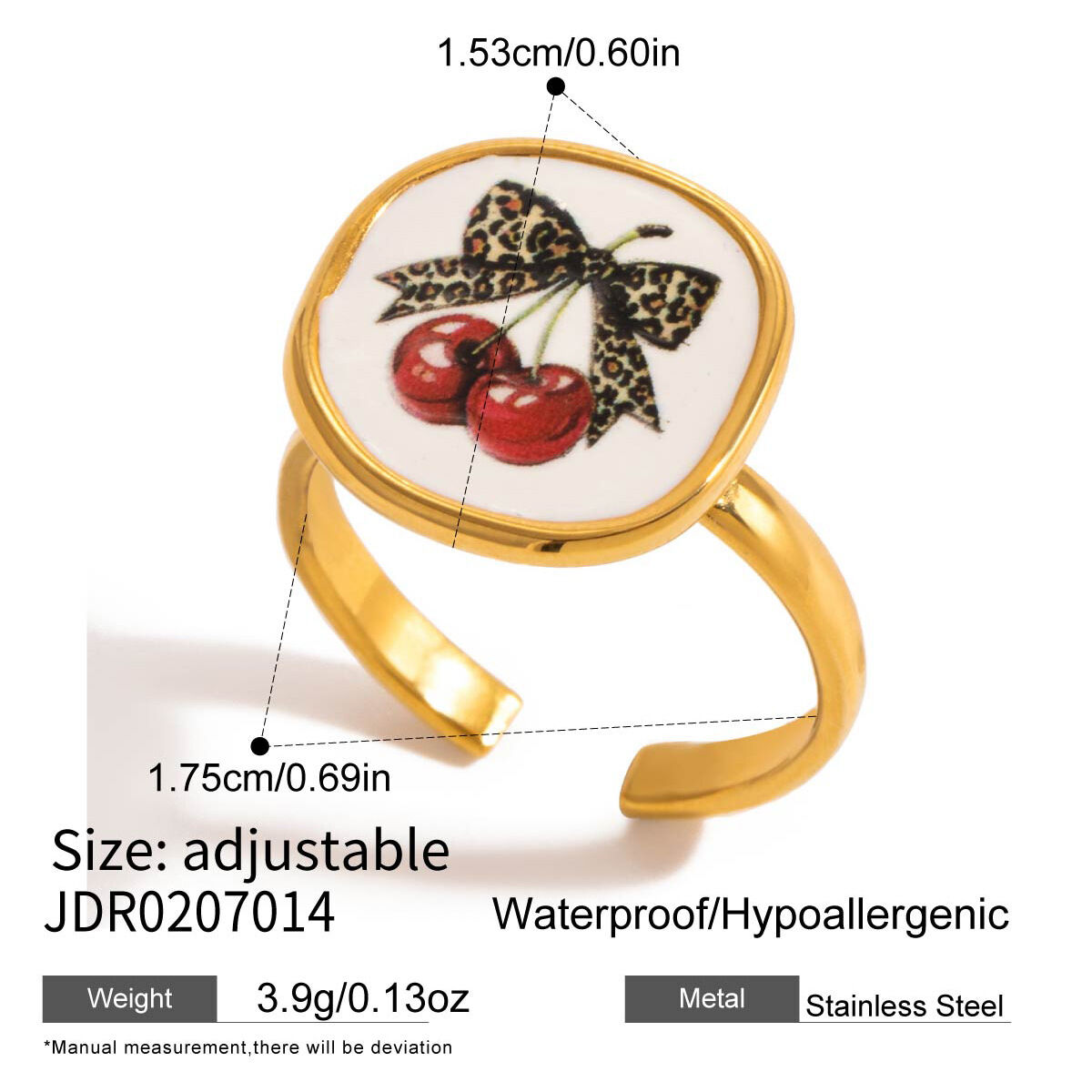 1 Piece Sweet Cherry Leopard Print Stainless Steel Waterproof Gold Color Statement Rings Picture2