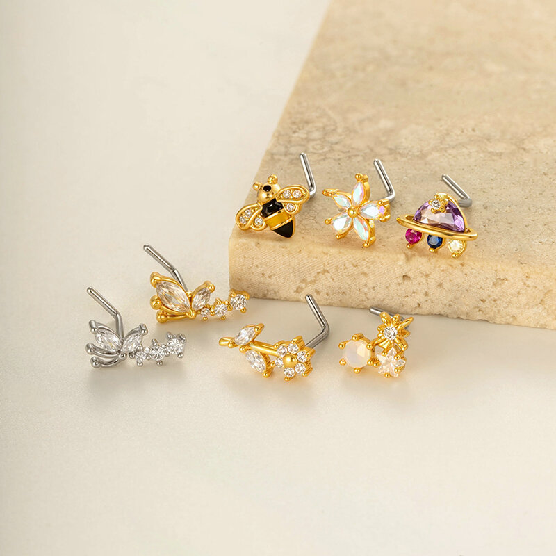 1 Piece Flower Butterfly Copper Gold Color Zircon Nose Stud