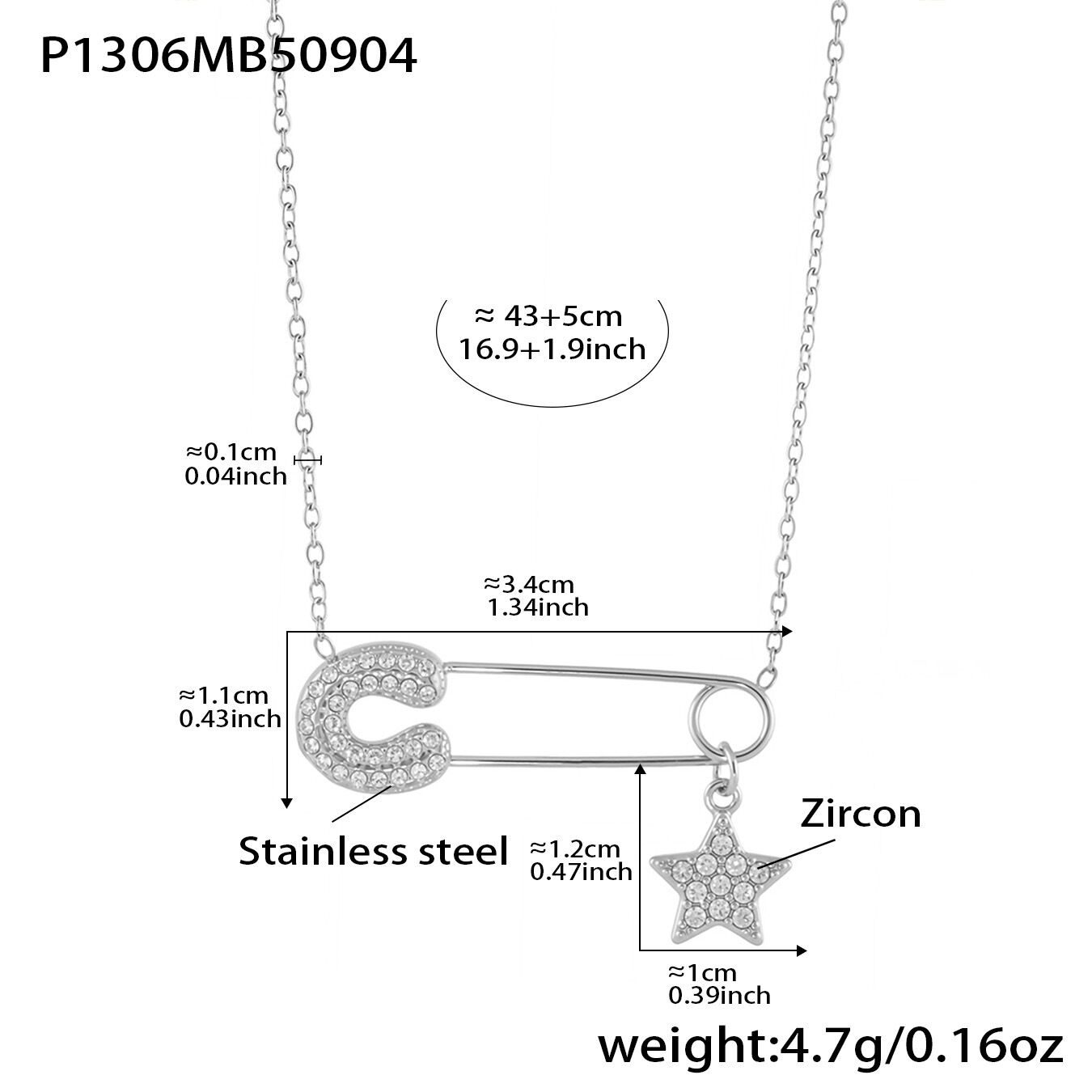 P1306-Steel Five-Pointed Star Paperclip Zircon Necklace 43+5Cm Picture2