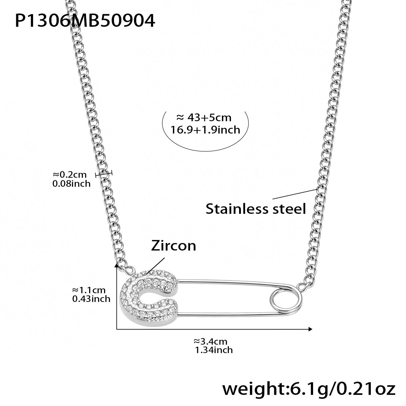 P1306-Steel Paperclip Zircon Necklace 43+5Cm Picture4