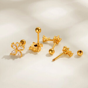 1 Piece Flower Heart Copper Gold Color Zircon Piercing Earring h5 Picture3