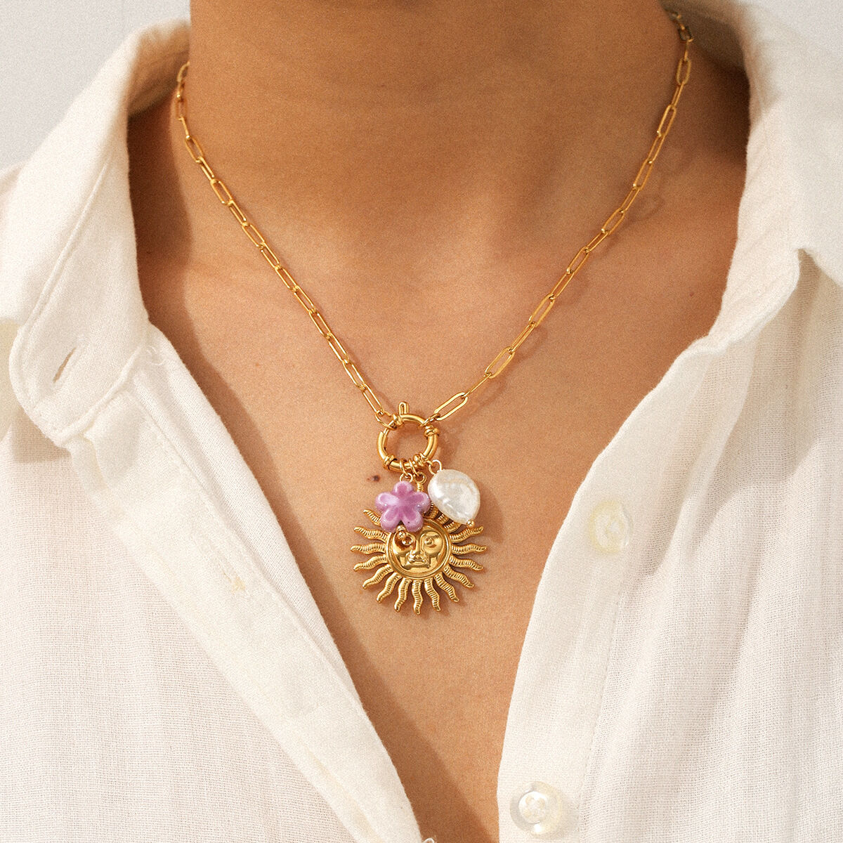 1 Piece Sun Stainless Steel Waterproof Gold Color Pendant Necklace