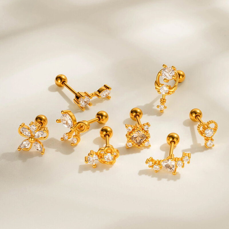 1 Adet Çiçek Kalp Bakır Altın Rengi Zirkonyum Piercing Küpe