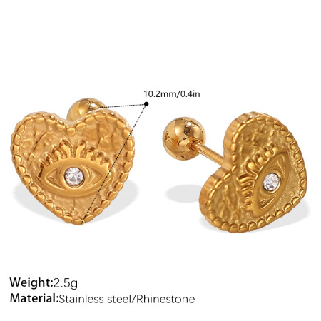 1 paio di orecchini piercing a forma di cuore in acciaio inossidabile, impermeabili, color oro, con strass