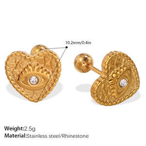1 Pair Heart Stainless Steel Waterproof Gold Color Rhinestone Piercing Earrings h5