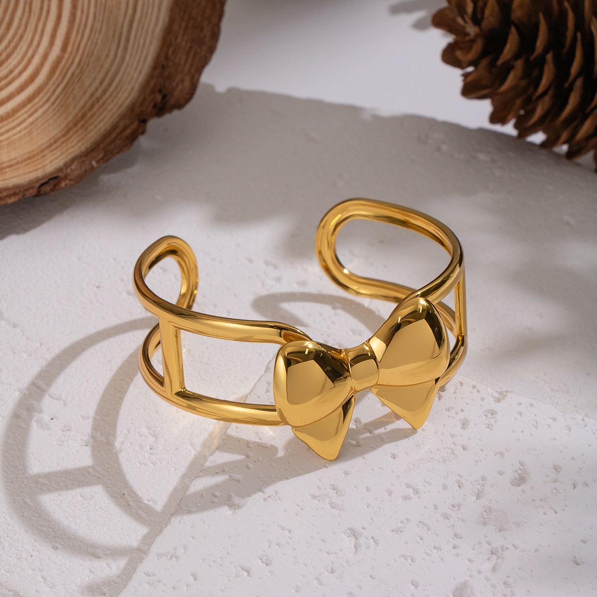 1 Piece Sweet Bow Knot Stainless Steel Waterproof  Gold Color Cuff Bracelet h5 Picture3