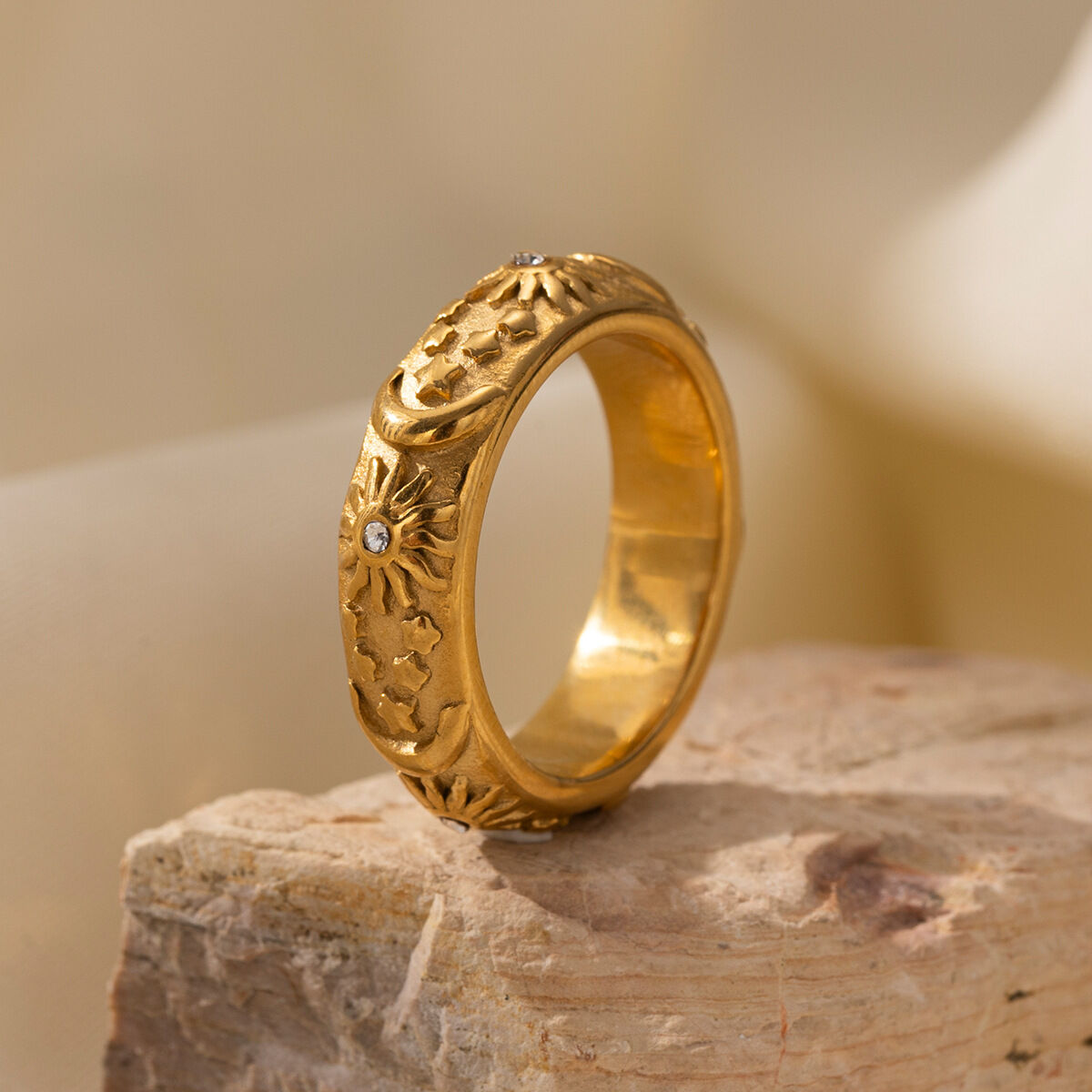 1 Piece Flower Stainless Steel Waterproof Gold Color Statement Ring h5 Picture4