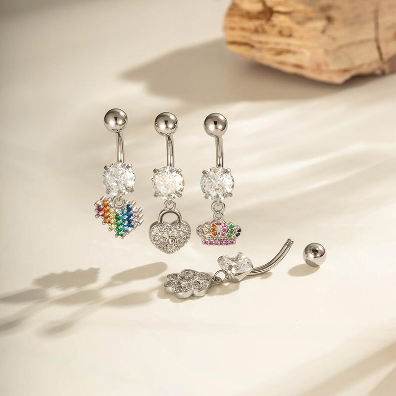 Piercing all'ombelico in zircone di rame a forma di cuore e stella con fiore, 1 pezzo 2