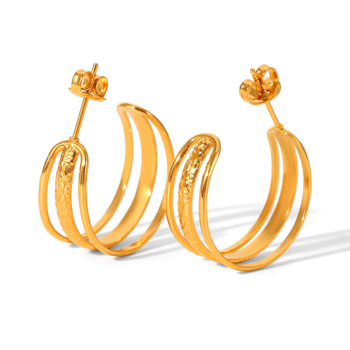 1 Pair C-shape Hollowed-out Stainless Steel Waterproof Gold Color Hoop Earrings 