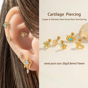 1 Piece Flower Copper Gold Color Zircon Piercing Earring h5 Picture4