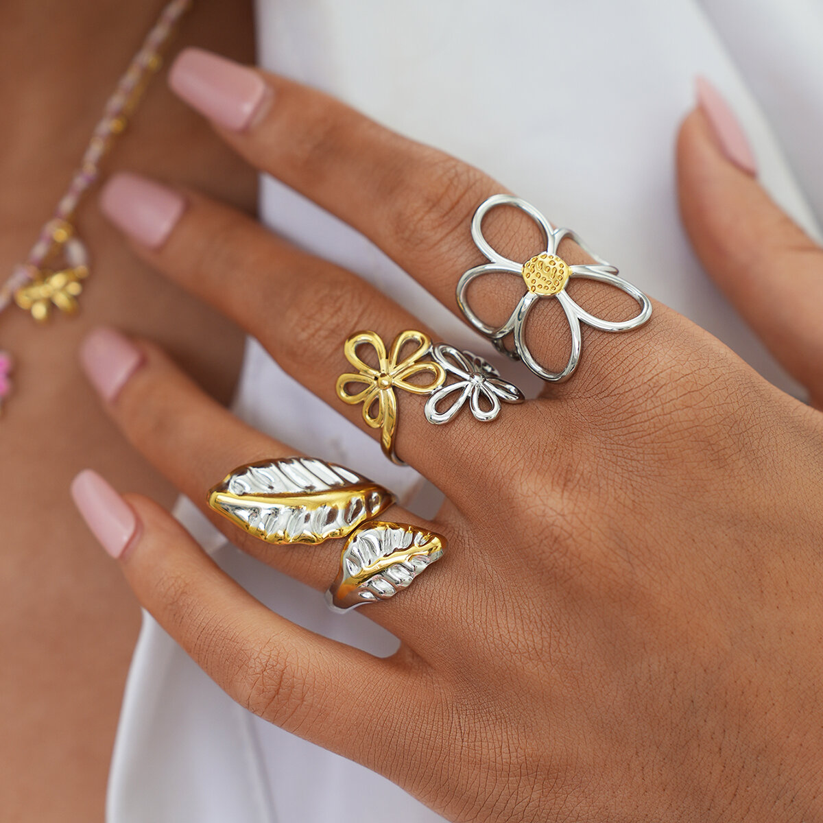 1 Piece Flower Plant Stainless Steel Waterproof  Gold Color Women‘s Statement Rings Picture8