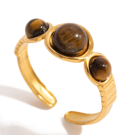 1 Piece Retro Circle Stainless Steel Waterproof Gold Color Natural Stone Women's Gemstone Rings