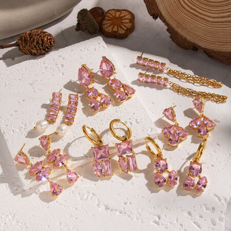 1 paar luxe, waterdichte, goudkleurige, roze zirkonia oorbellen uit de serie, gemaakt van roestvrij staal.