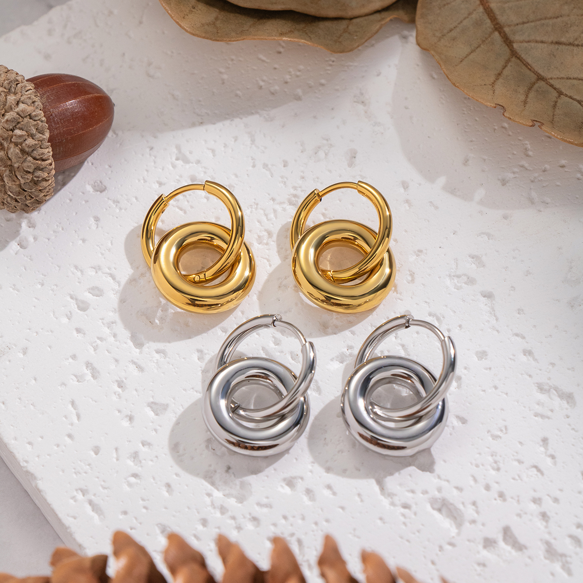 1 Pair Circle Stainless Steel Waterproof Gold Color Hoop Earrings h5 Picture2