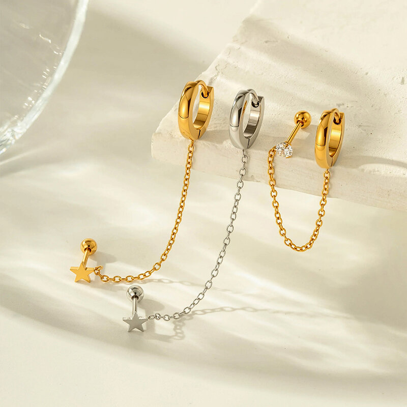1 orecchino piercing semplice a forma di cerchio con stella color oro e zirconi