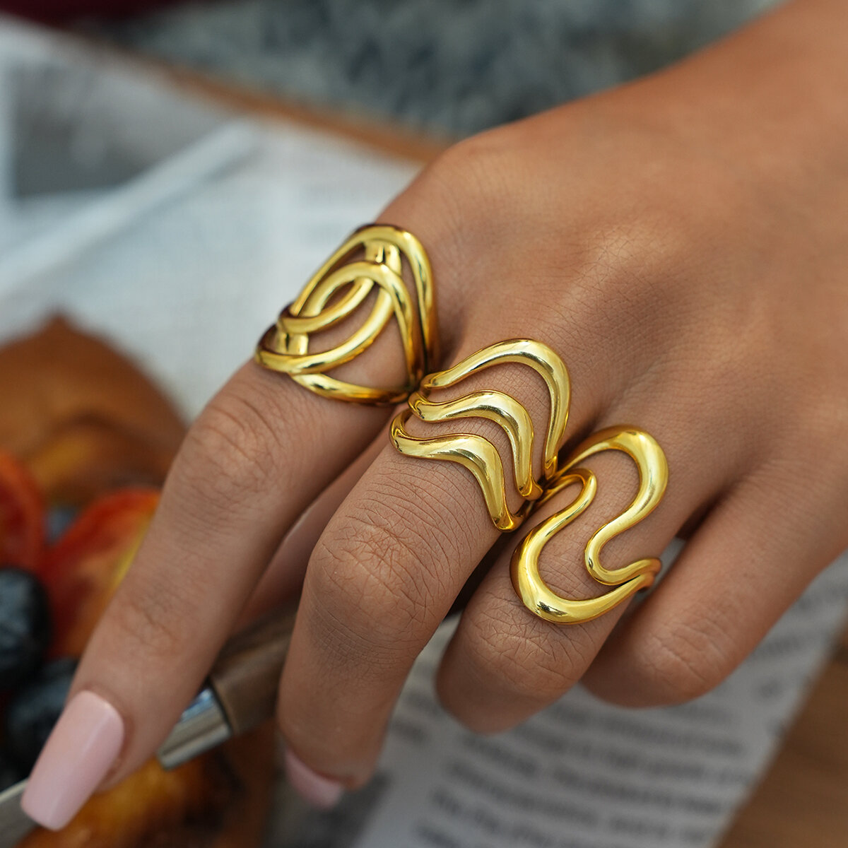 1 Piece Simple  Retro Irregular Shape Stainless Steel Waterproof  Gold Color Women's Statement Rings Picture6