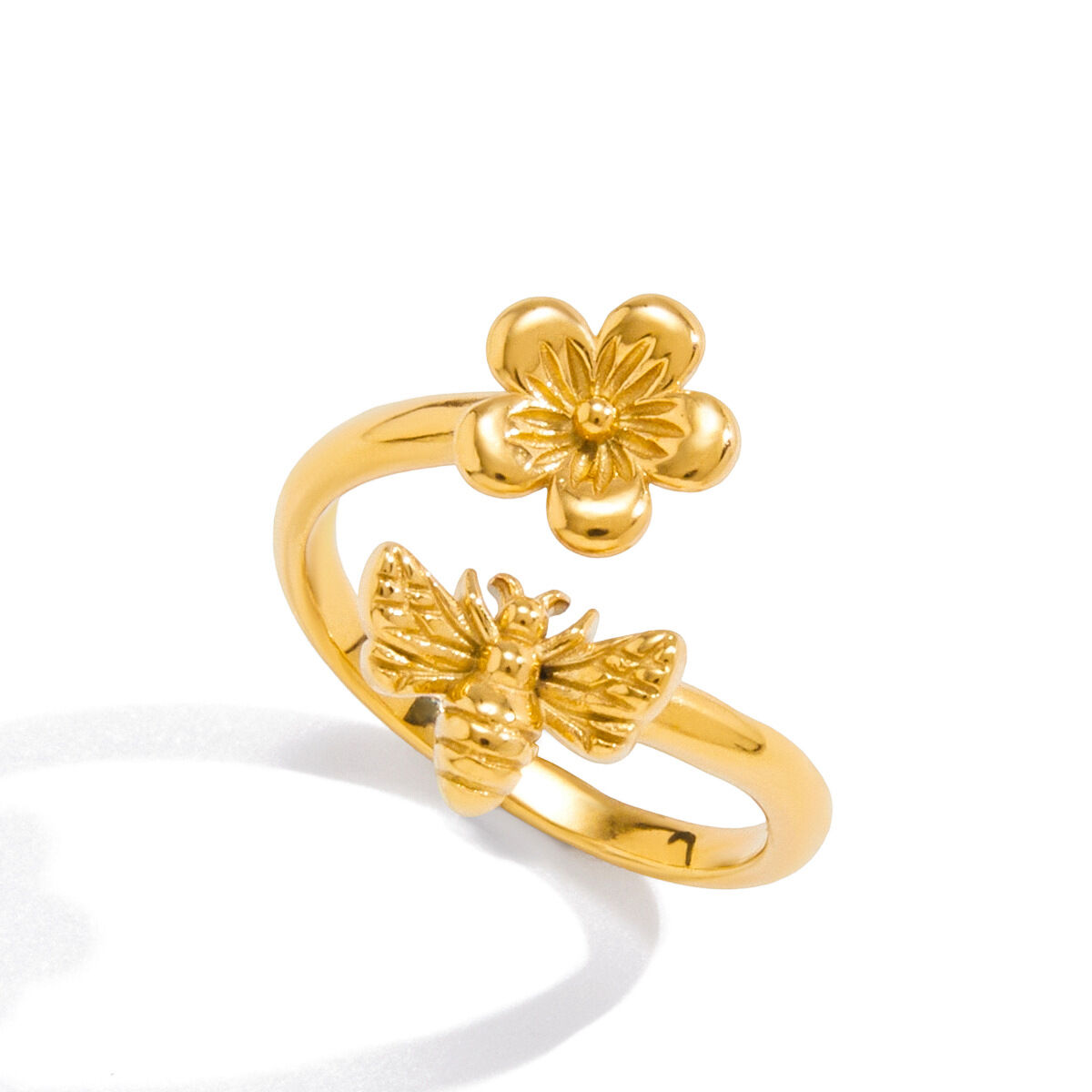 1 Stück Statement-Ring aus Edelstahl mit natürlichem Blumen- und Bienenmotiv, wasserfest, goldfarben h5 