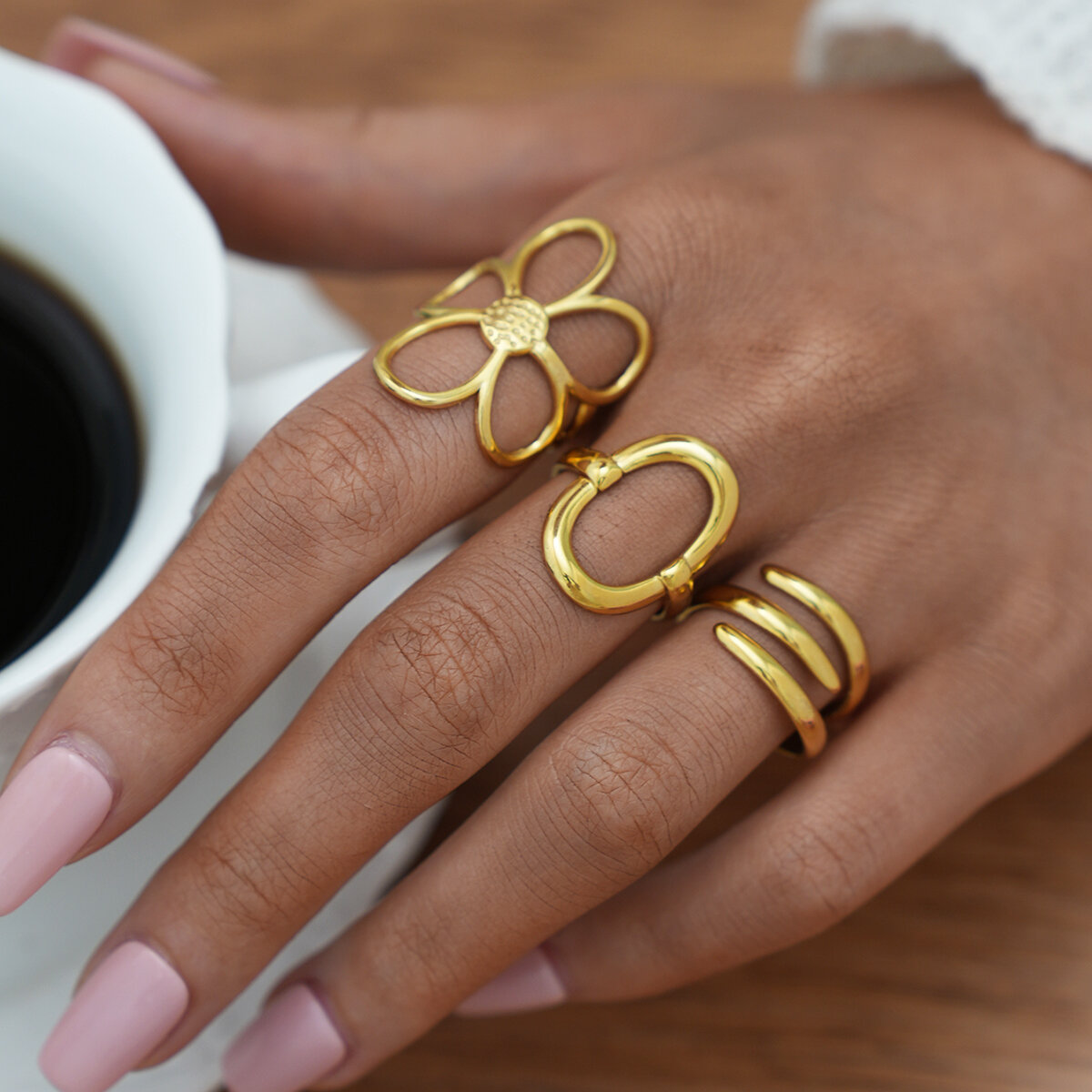 1 Piece  Casual Flower Rectangle Stainless Steel Waterproof  Gold Color Women's Statement Rings 2
