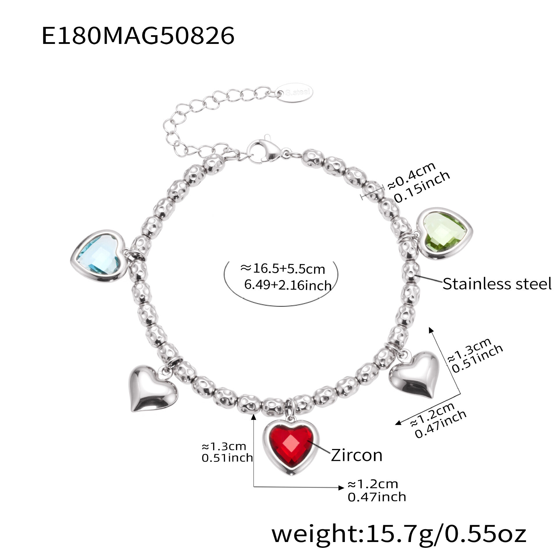 E180-Steel Heart Zircon Bracelet 16+5Cm Picture8