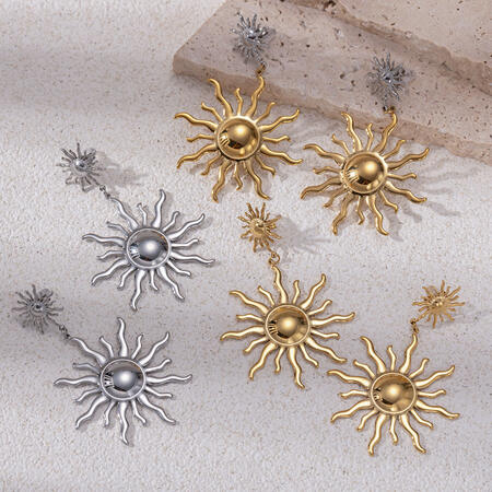 1 Pair Retro Sun Stainless Steel Waterproof Gold Color Drop Earrings