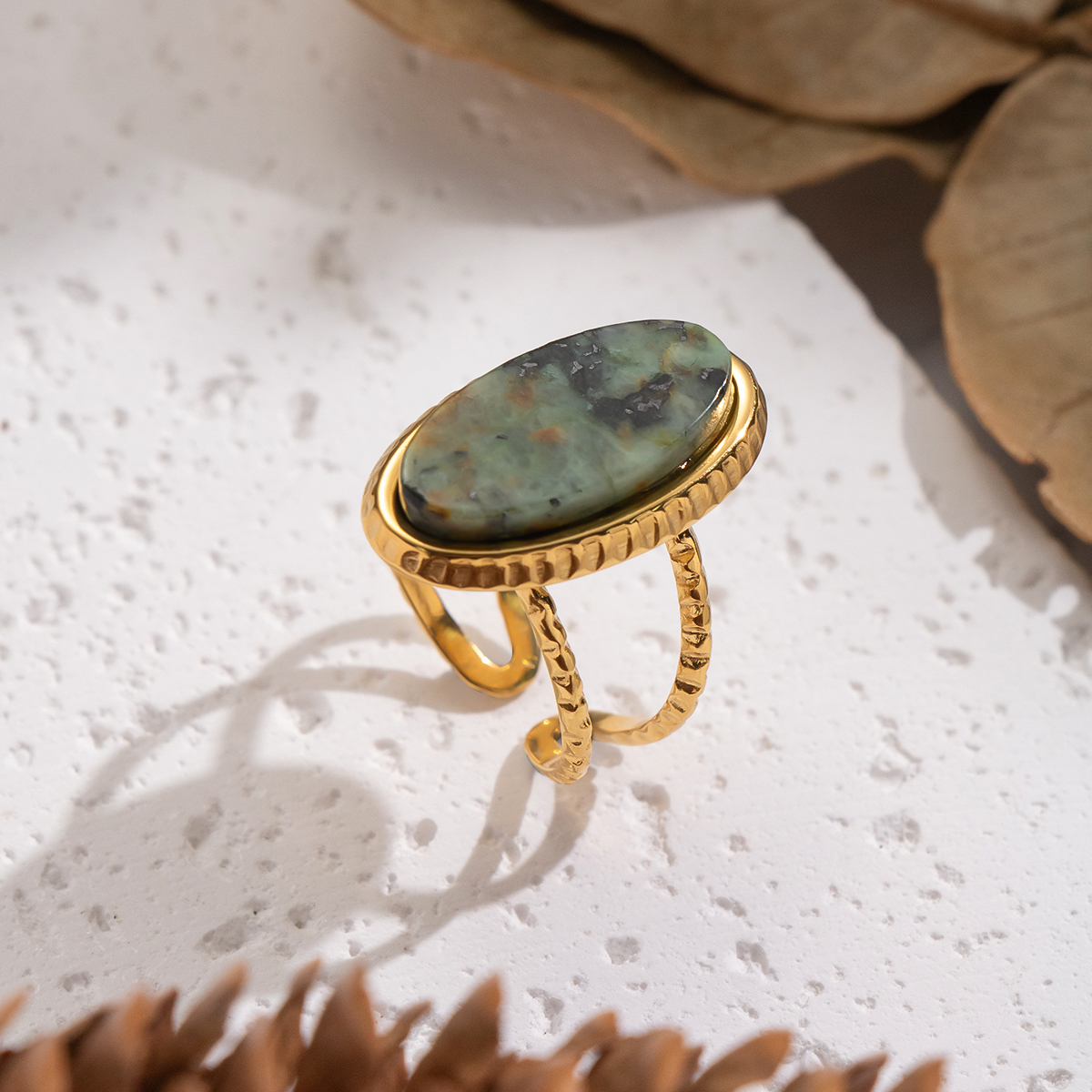 1 Piece Retro Stainless Steel Waterproof Gold Color Natural Stone Gemstone Ring 2