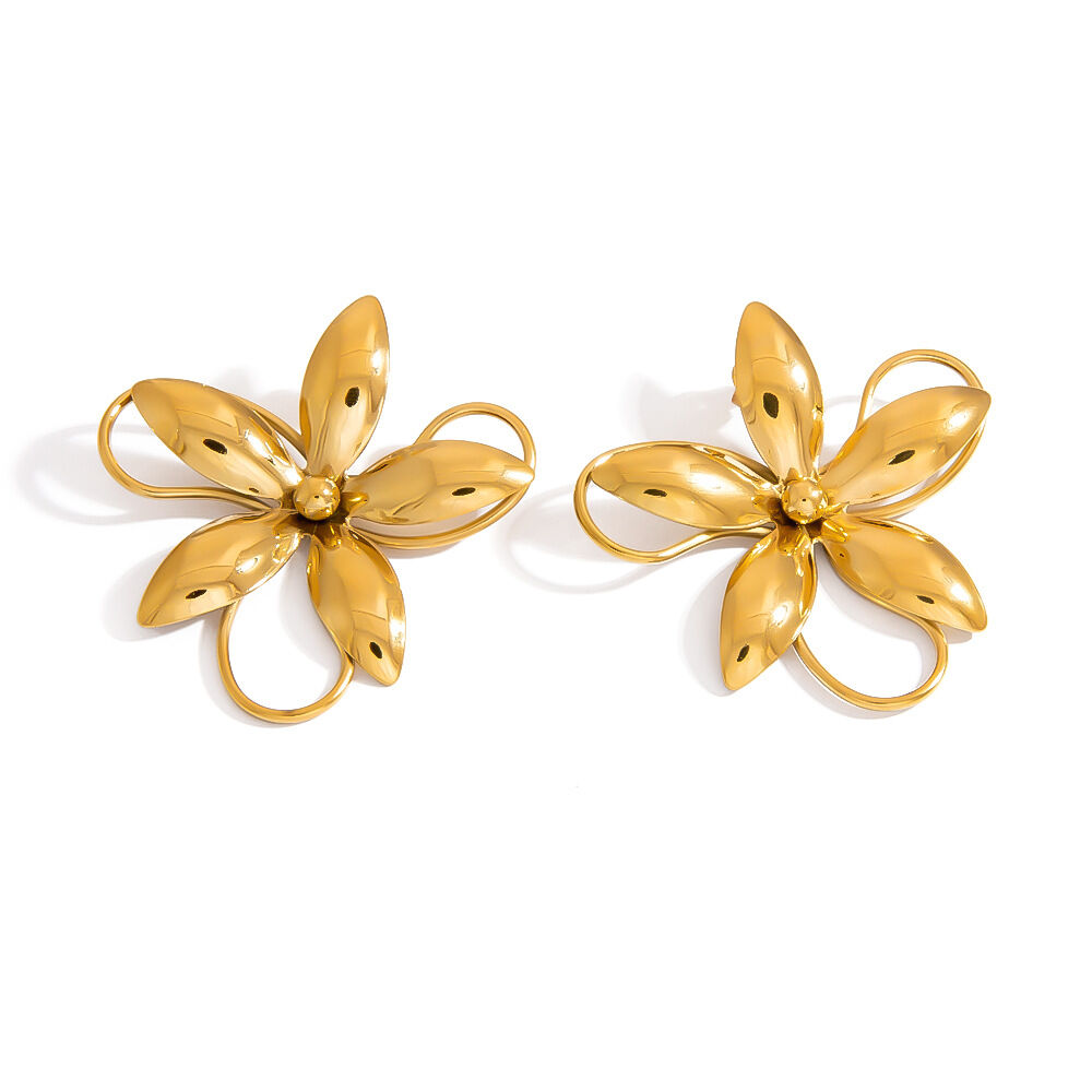 1 paio di orecchini a bottone in acciaio inossidabile color oro impermeabili a forma di fiore h5 Immagine5