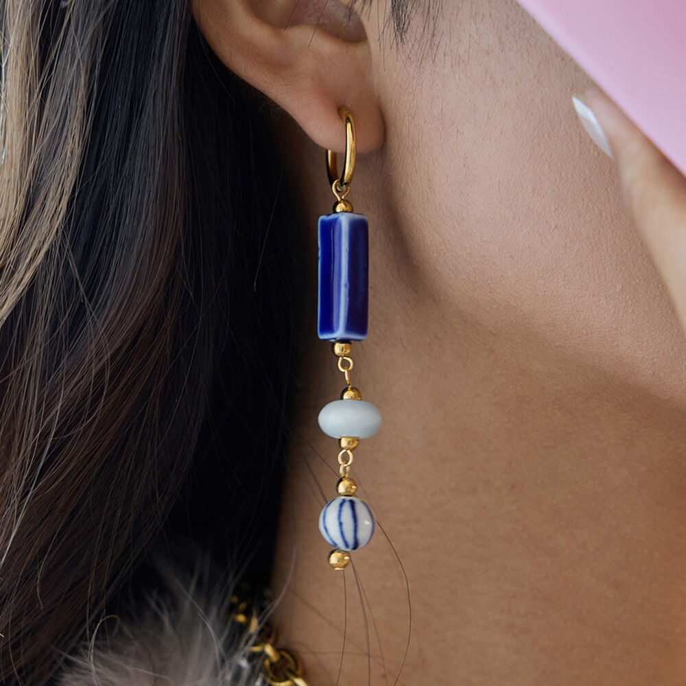 1 Pair Handcrafted Blue Ceramic Stainless Steel Waterproof Gold Color Women's Beads Earrings
