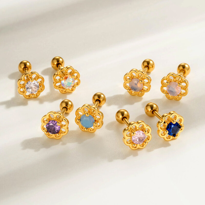 1 Adet Çiçek Bakır Altın Rengi Zirkonyum Piercing Küpe