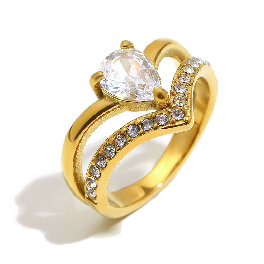 1 pezzo CrownLuxury Heart Anelli da donna in acciaio inossidabile color oro con pietre preziose
