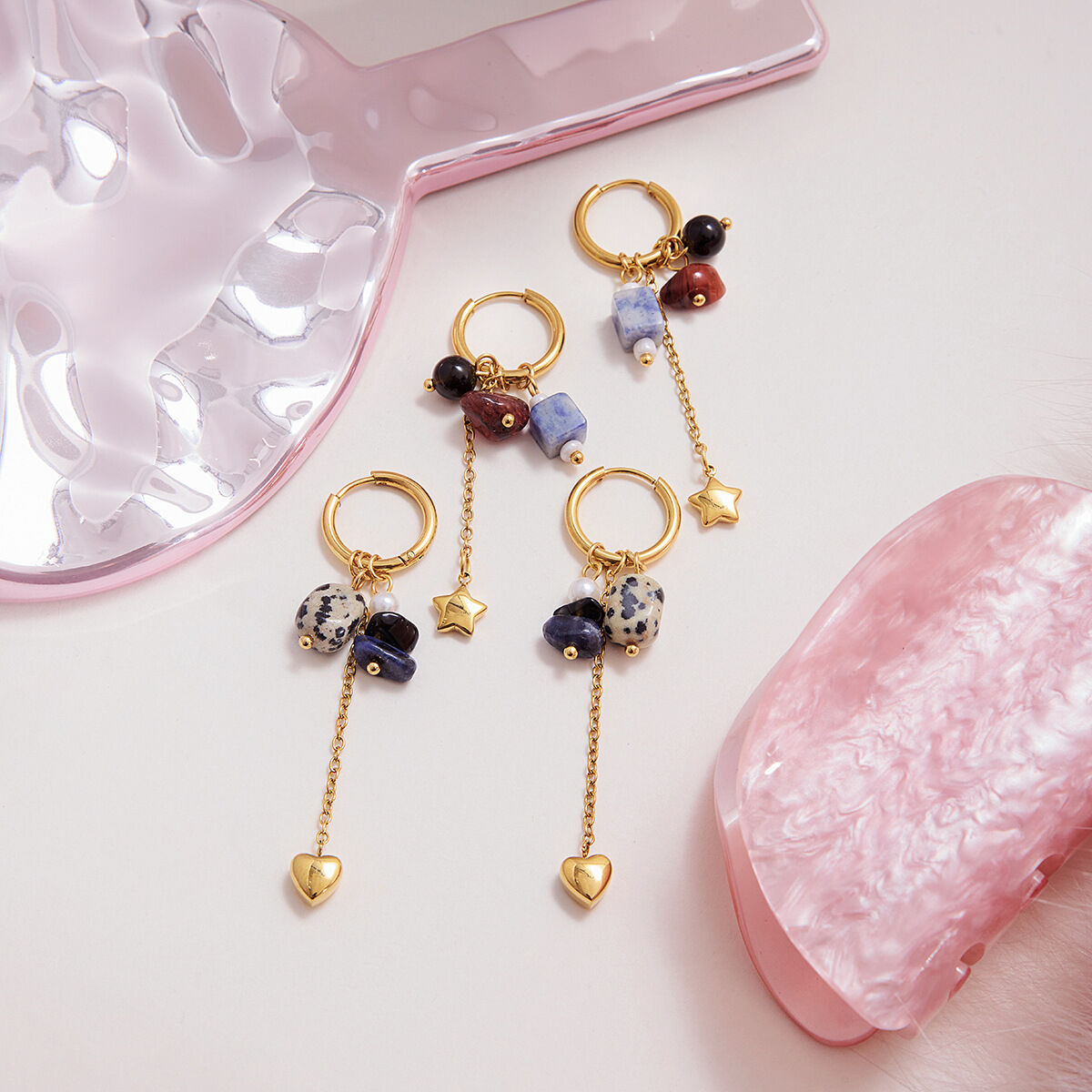 Boucles d'oreilles pendantes pour femme, en acier inoxydable, avec pierre naturelle et motif étoile (1 pièce). h5 Image5