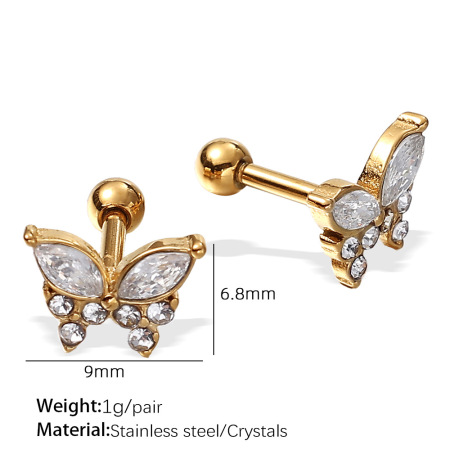 1 paio di orecchini a forma di farfalla in acciaio inossidabile, impermeabili, color oro, con cristalli