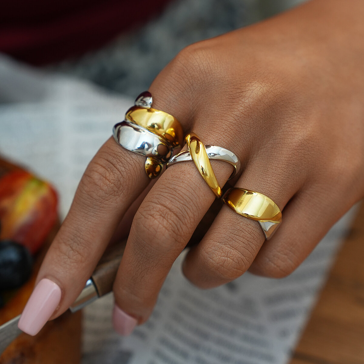 1 Piece  Simple Irregular Shape Stainless Steel Waterproof   Gold Color  Women's Statement Rings 2