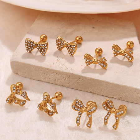 1 paio di orecchini piercing con nodo a fiocco in acciaio inossidabile, impermeabili, color oro, con strass