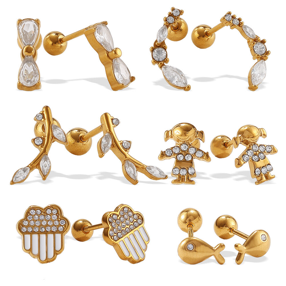 1 Pair Bow Knot Stainless Steel Waterproof Gold Color Rhinestone Piercing Earrings h5 Picture4