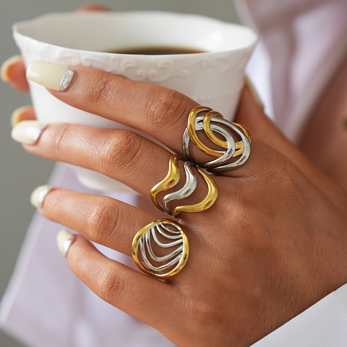 1 Piece Woven Mixed Gold Color And Silver Colors Stainless Steel Waterproof Women‘s  Statement Rings 2