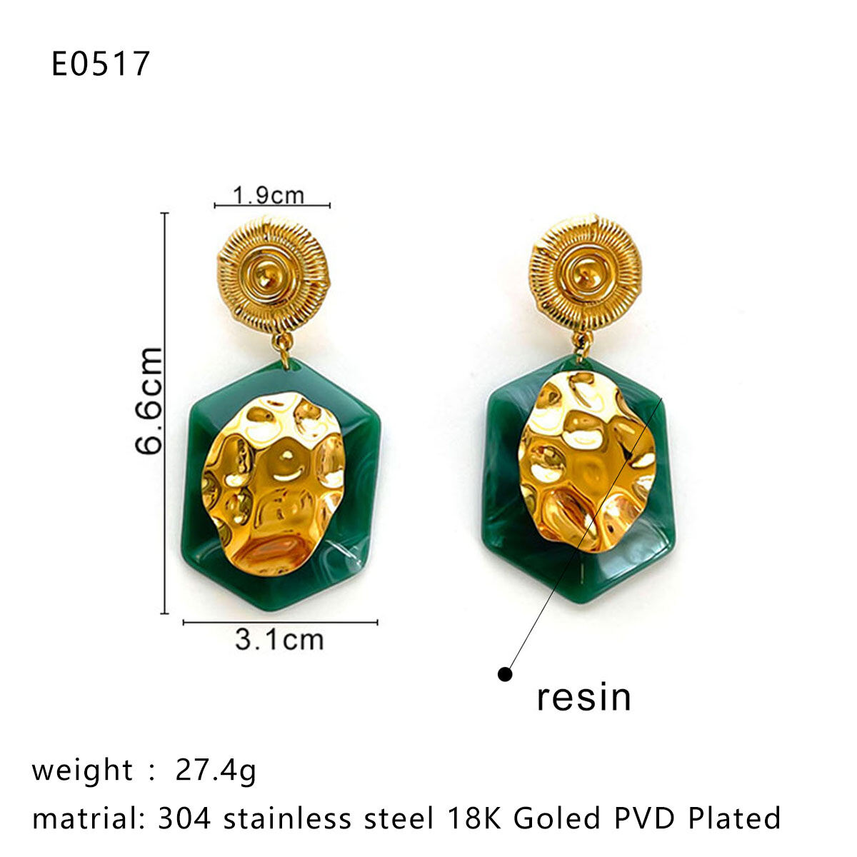 1 Paar rechteckige Tropfenohrringe aus goldfarbenem Harz h5 Bild2