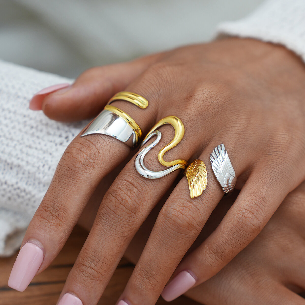 1 Piece Retro Mixed Gold Color And Silver Colors Wings Stainless Steel Waterproof  Women's Statement Rings Picture6