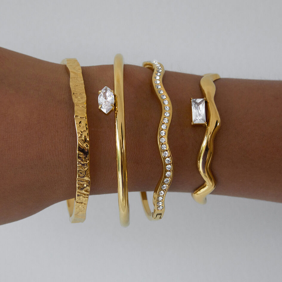 1 Piece Shinning Curve Stainless Steel Waterproof Gold Color Zircon Women's Cuff Bracelets Picture7