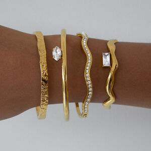 1 Piece Shinning Curve Stainless Steel Waterproof Gold Color Zircon Women's Cuff Bracelets h5 Picture7