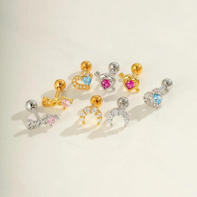 Orecchino piercing in zircone color oro e rame a forma di cuore, 1 pezzo