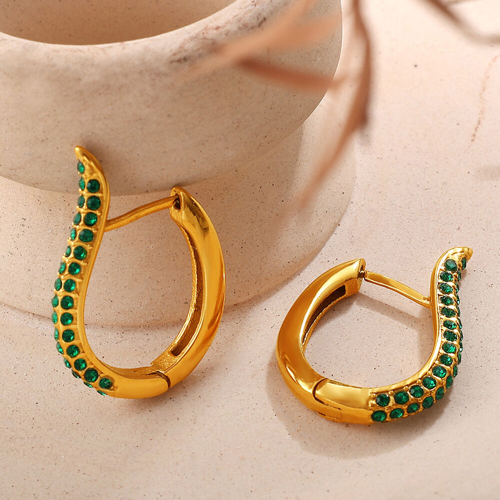 1 Pair Stainless Steel Waterproof Gold Color Crystal Hoop Earrings Picture3
